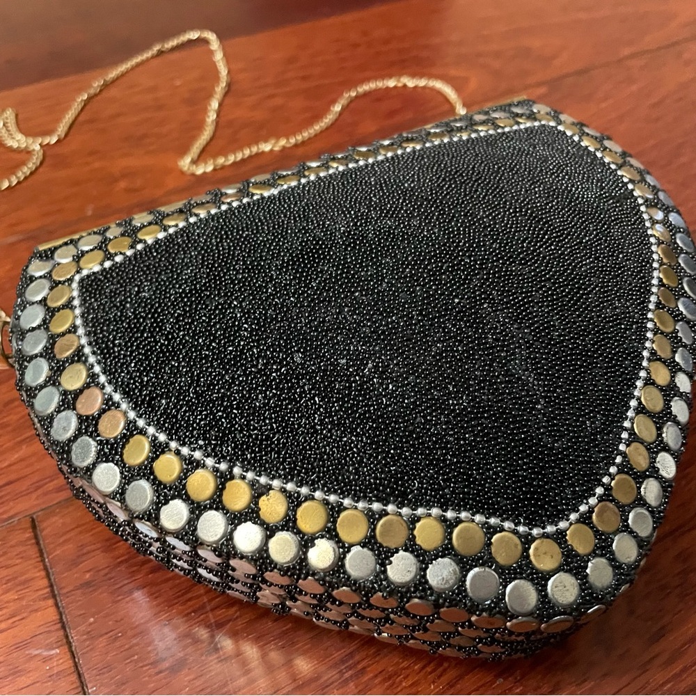 Ramla Handmade Heart Shaped Mosaic Bag Purse Clutch Black Gold Bling Bling B1 I - Picture 5 of 13